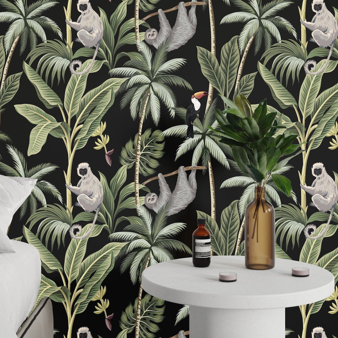 Papier Peint Jungle Tropicale Avec Singes Et Perroquets Mur D accent papier-peint-jungle-tropicale-avec-singes-et-perroquets-mur-d-accent