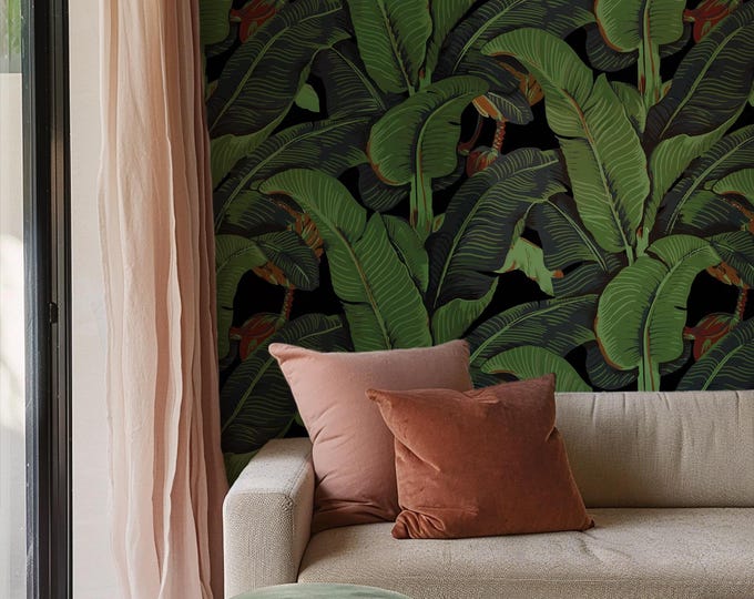Black Banana Leaf Wallpaper, Tropical Rainforest Leaves Palm Tree, Jungle Boho Wall Decor