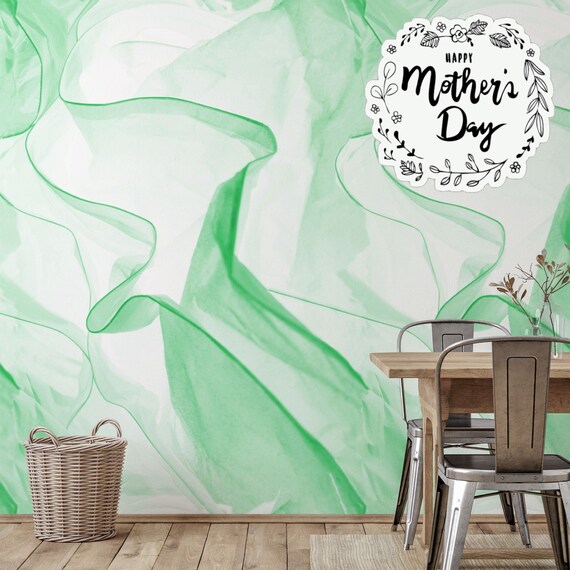 Fluttering Veils Green Wallpaper for a Dreamy Space, Delicate Drapery Wallpaper, Air Fabric Folds Wallpaper