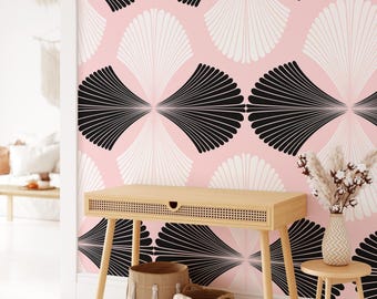 Pink and White Folding Fan Art Deco Wallpaper, Geometric Pattern Mid Century Art Noveau Wall Decor