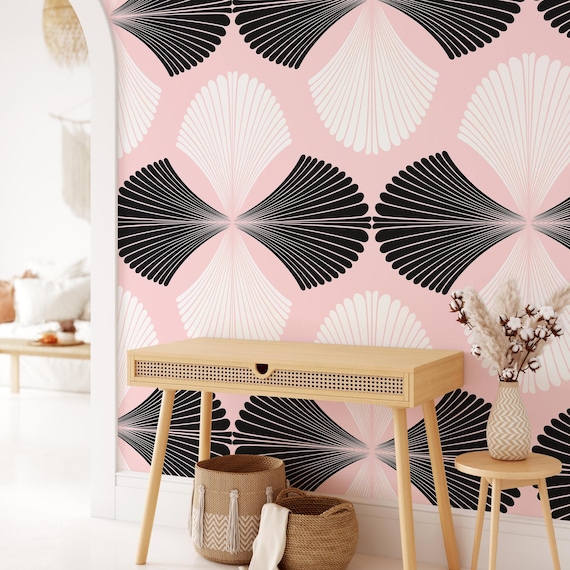 Pink and White Folding Fan Art Deco Wallpaper, Geometric Pattern Mid Century Art Noveau Wall Decor