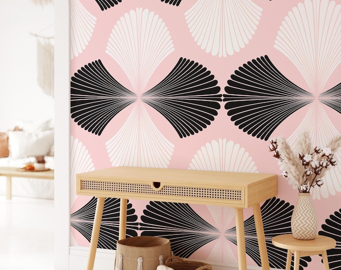 Pink and White Folding Fan Art Deco Wallpaper, Geometric Pattern Mid Century Art Noveau Wall Decor