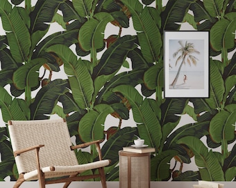 Banana Leaf Tropical Rainforest Wallpaper, Green Palm Leaf Botanical Wallpaper for Living Room