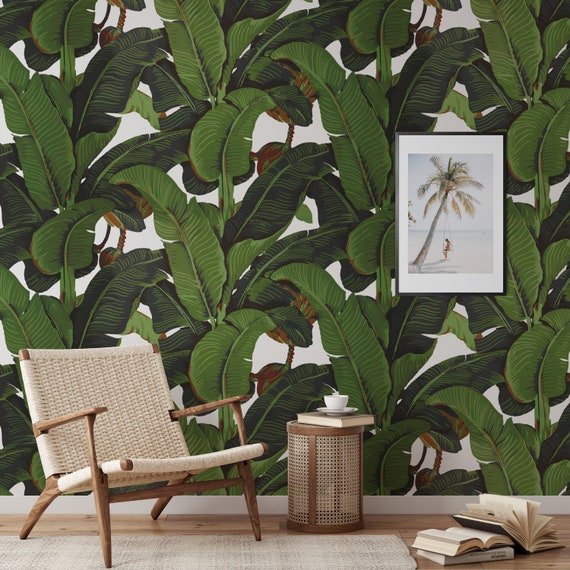 Banana Leaf Tropical Rainforest Wallpaper, Green Palm Leaf Botanical Wallpaper for Living Room