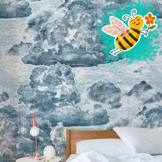 Vintage Style Cloud Wallpaper, Light Blue Sky Wall art, Boutique Wall Decor