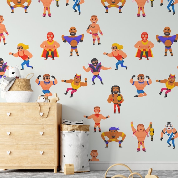 Funny Wrestling Wallpaper for Kids Room, Wrestler Wall Art Décor, Playful Sports Theme, Kids' Room Decor, Unique Children's Wallpaper