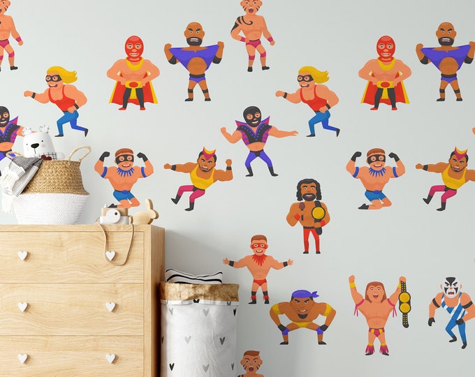 Funny Wrestling Wallpaper for Kids Room, Wrestler Wall Art Décor, Playful Sports Theme, Kids' Room Decor, Unique Children's Wallpaper