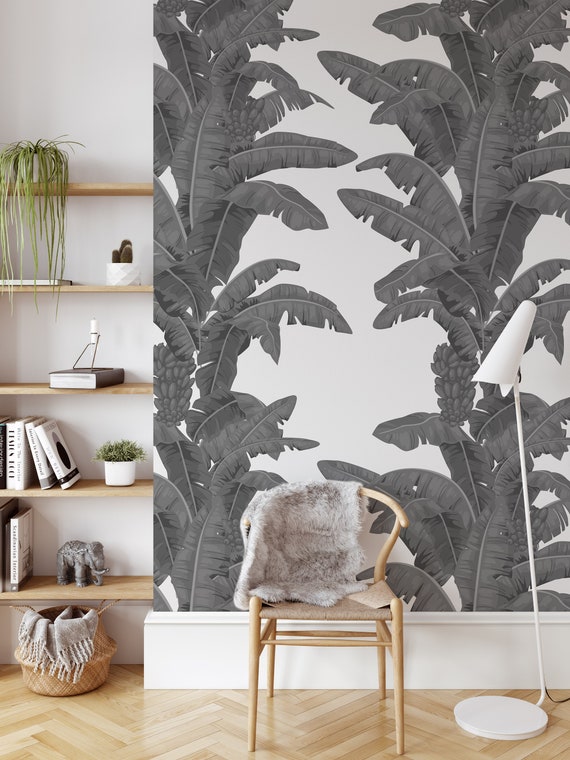 Tropical Leaves Black and White Wallpaper, Banana Leaves Decor Accent Feature Wall
