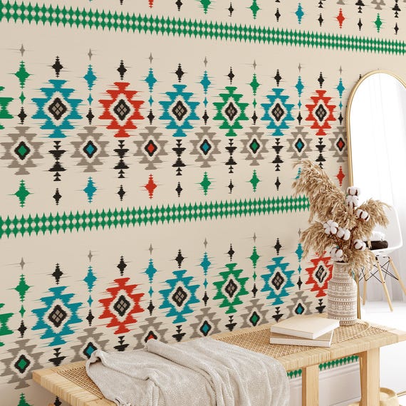 Moroccan Ikat Tribal Wallpaper, Bali Boho Wall Art for Traditional Decor, Vintage Chic Home Accent