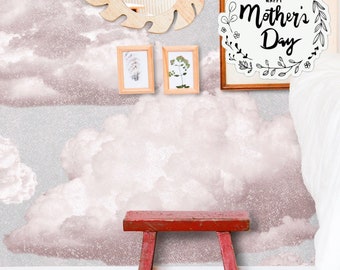 Pink Clouds Wallpaper in Vintage Style, Pink an Grey Nursery Aesthetic Wall Decor