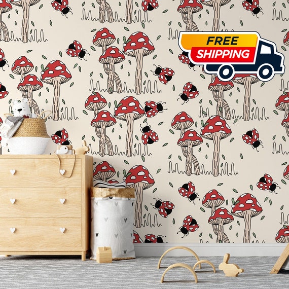 Ladybug Wallpaper with Mushroom Decor for Kids Room