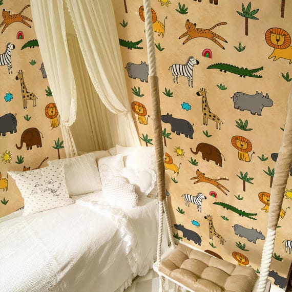 Safari Animal Wallpaper – Kids Jungle Wall Mural with Lions, Giraffes, Zebras and Crocodiles, Real Eco Paper