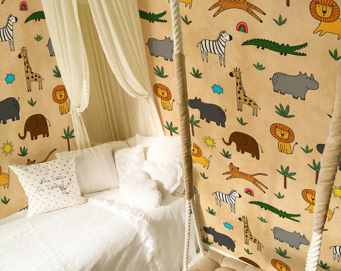 Safari Animal Wallpaper for Kids, Jungle Nursery Decor, Lions Giraffes Zebras