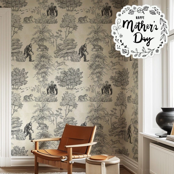 Mystical Bigfoot Toile de Jouy Wallpaper, Enchanted Forest Scenes, Classic Wall Decor with Sasquatch, Yety Wall Art