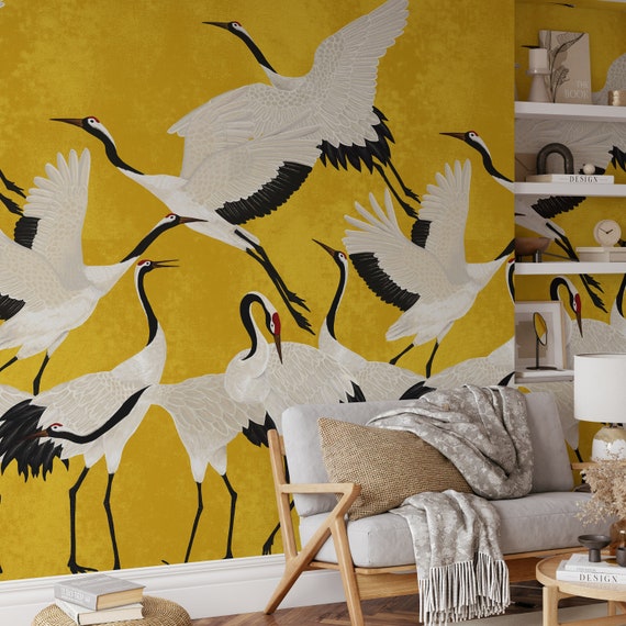 Golden Heron Print Wallpaper, Crane Wallpaper, Removable Wallpaper, Elegant Crane Dance Wallpaper, Graceful Bird Design