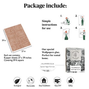 May include: A set of peel and stick wallpaper featuring a geometric pattern in shades of brown and white. The set includes 8 sheets, each measuring 27 inches by 39 inches, covering 59 square feet. The package includes simple instructions for use, special vegan wallpaper glue, and a guide for beginners. The wallpaper is ecological, removable, easy to install, DIY friendly, and safe.