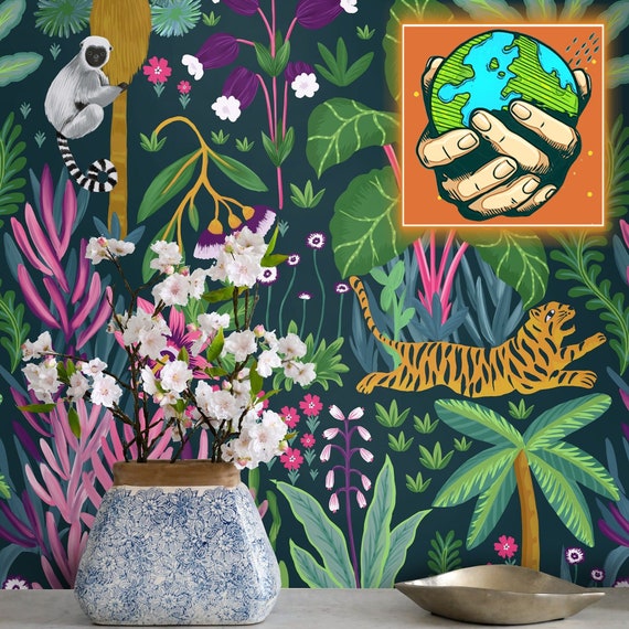 Tropical Dark Jungle Wallpaper, Whimsical Tiger Painting Dark Boho Wall decor, Exotic Nature Scene Wall Art