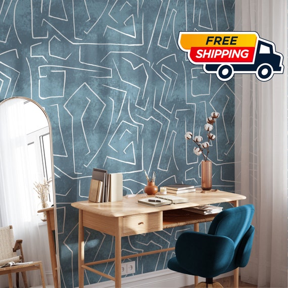 Abstract Pattern Grunge Wallpaper with Minimal Design, Graffiti Wall Decor in Blue Pastel Tones With Lines Wall Art