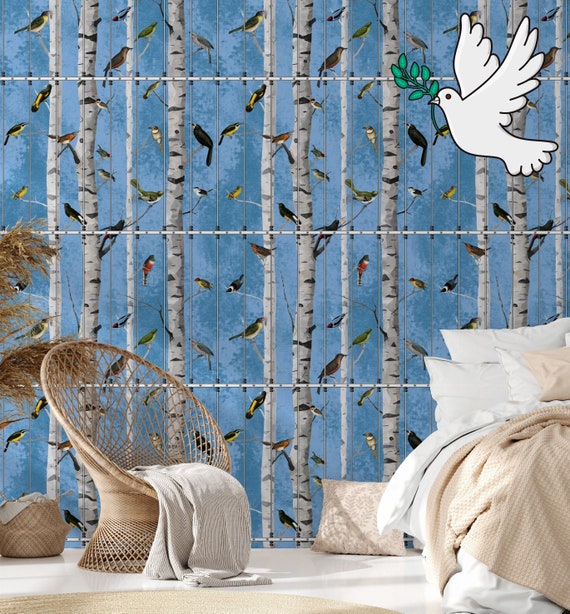 Vintage Birds Wallpaper with Hand drawn Birds in cages, Birch Tree Wallpaper