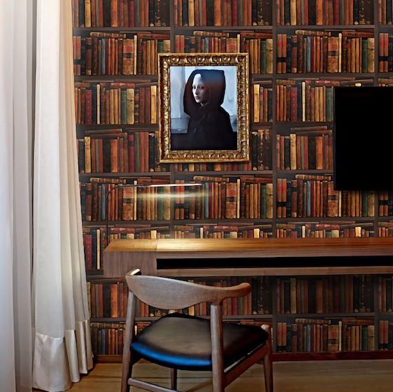 Antique Books Wallpaper on Vintage Shelf, Bookshelf Wall for Office Decor, Oil Painting Wall Art