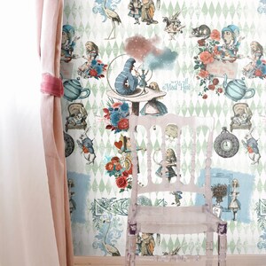 May include: A whimsical wallpaper featuring a green and white diamond pattern with various characters from Alice in Wonderland, including the Mad Hatter, the Queen of Hearts, and the Cheshire Cat. The wallpaper also features a white chair with a green and white diamond pattern.