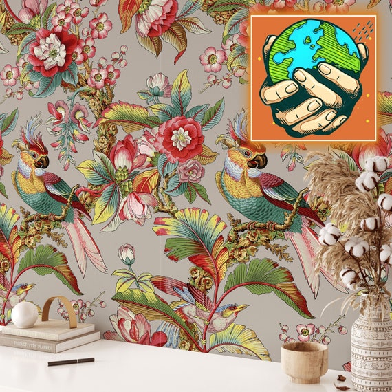 Chinoiserie Art Asian Wallpaper, Vintage Floral Print  Wall Art for Living Room Decor