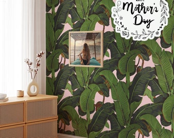 Rosa Bananenblatt Tropischer Regenwald Wallpaper, Blätter Print Palm Tree Jungle Print Boho Decor