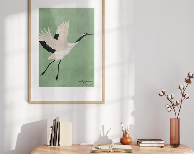 Japanese Crane Poster, Japandi Wall Art, Sage Green Zen Bird Print, Red Crowned Crane Illustration, Asian Nature Decor