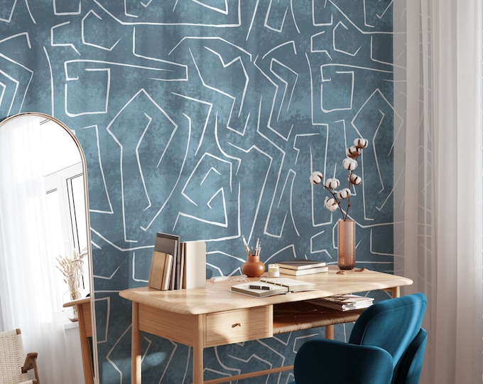 Abstract Pattern Grunge Wallpaper with Minimal Design, Graffiti Wall Decor in Blue Pastel Tones With Lines Wall Art