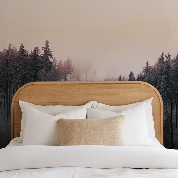 Snowy Forest Wallpaper, Extra Large Pink Fog Forest Wall Mural, Pine Trees Landscape Wallpaper