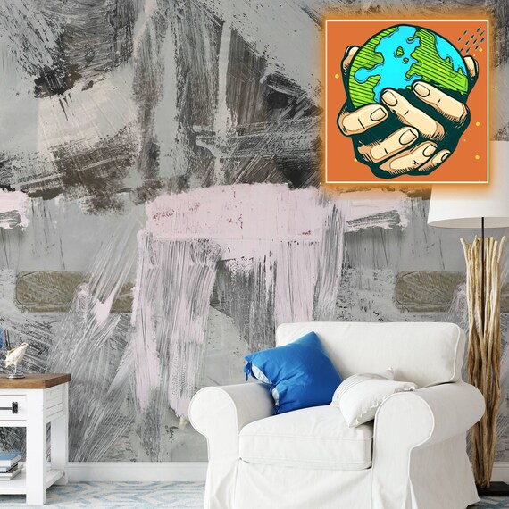 Extra Large Colorful Brushstroke Modern Wallpaper, Grey and Pink Abstract Painting Wall Decor,