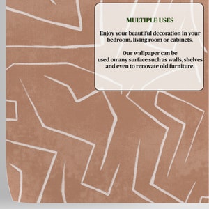May include: Abstract wallpaper with a brown background and white geometric shapes. The text "MULTIPLE USES" is in green letters on a white background. The text reads "Enjoy your beautiful decoration in your bedroom, living room or cabinets. Our wallpaper can be used on any surface such as walls, shelves and even to renovate old furniture."