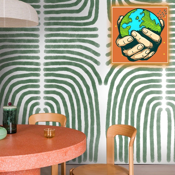 Green and White Boho Wallpaper, Minimal Abstract Artistic Wall Decor