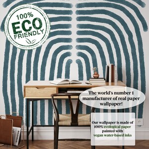 May include: A teal blue and white wallpaper with a repeating pattern of arches. The wallpaper is 100% ecological paper and is painted with vegan water-based inks. The text "The world's number 1 manufacturer of real paper wallpaper!" is visible in the image.