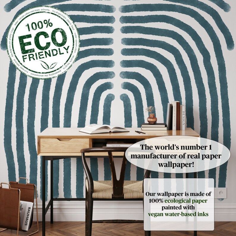 May include: A teal blue and white wallpaper with a repeating pattern of arches. The wallpaper is 100% ecological paper and is painted with vegan water-based inks. The text "The world's number 1 manufacturer of real paper wallpaper!" is visible in the image.