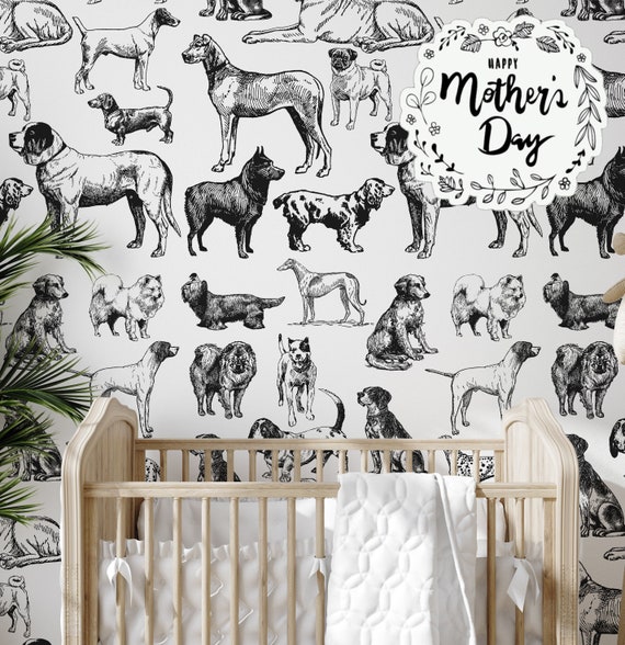 Dog Wallpaper in Black and White Hand Drawn Illustration, Dogs Wall Mural