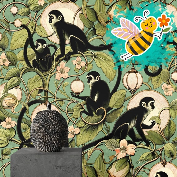 Playful Monkeys and Lanterns Wallpaper in green - Whimsical Jungle Theme - WALLPAPERS4BEGINNERS