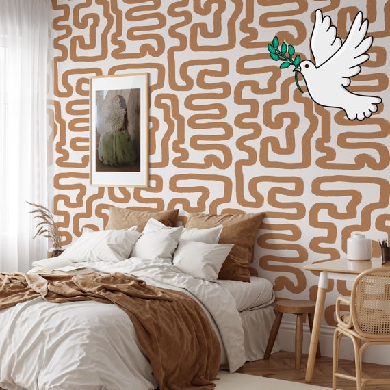 Get Lost in Style with This Gorgeous Beige and White Abstract Maze Wallpaper - Perfect for Creating a Chic and Modern Look in Your Home!