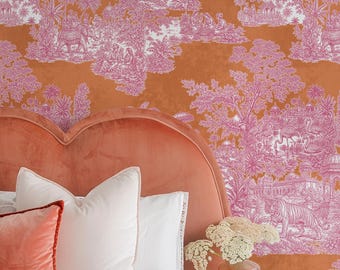 Indian Toile de Jouy Wallpaper, Tiger Elephant and Palace Scene, Pink and Terracotta Maximalist Wall Decor