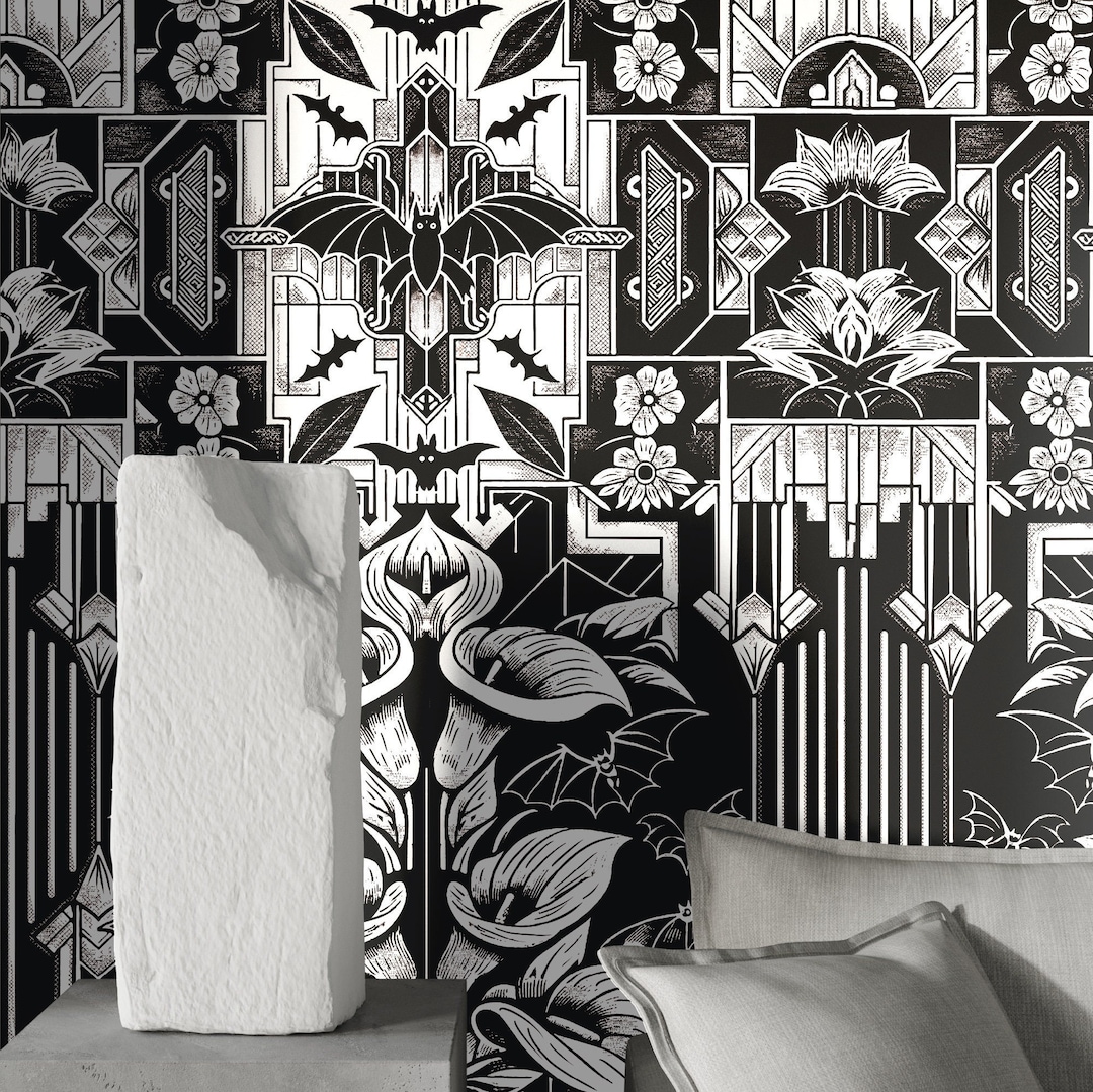 Black and White Vintage Gothic Floral Wallpaper - Art Deco Elegance ...