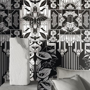 Carta da Parati Art Deco Gotica - Design di Pipistrelli e Fiori in Bianco e Nero