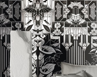 Black and White Vintage Gothic Floral Wallpaper - Art Deco Elegance, Elegant Bats & Flower