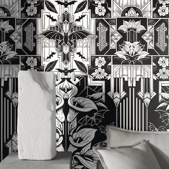 Black and White Vintage Gothic Floral Wallpaper - Art Deco Elegance, Elegant Bats & Flower