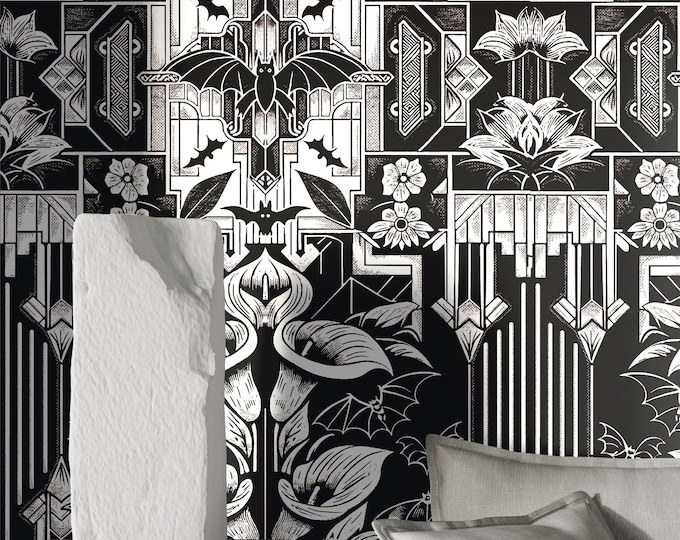 Black and White Vintage Gothic Floral Wallpaper - Art Deco Elegance, Elegant Bats & Flower