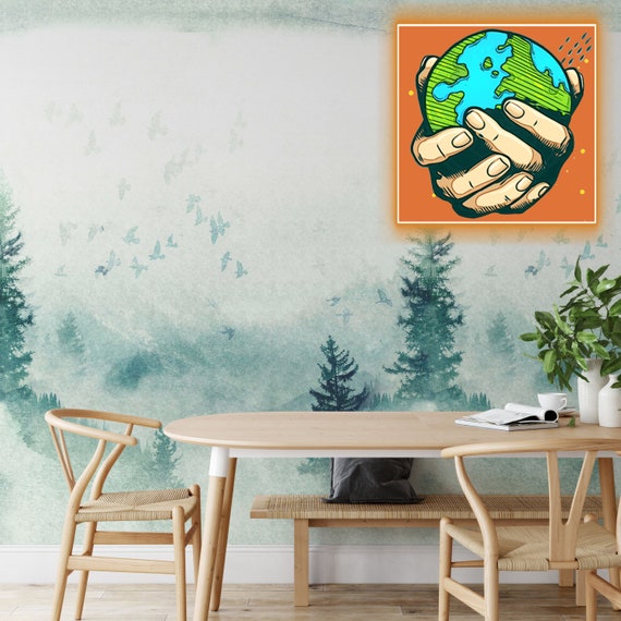 Extra Large Misty Mountain Watercolor wallpaper, the Mystery of Foggy Pine Forest Wallpaper