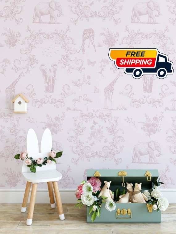 Pink Girls Room Wallpaper, Enchanting Elephant & Flora Wallpaper, Victorian Damask Wall Art with Safari Animal for Cute Decor