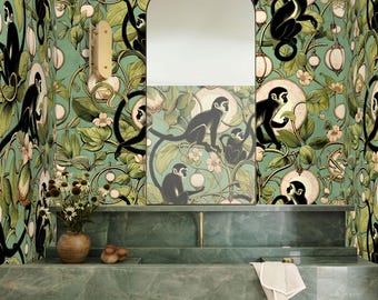 Playful Monkeys Wallpaper | Chinoiserie Jungle Pattern | Sage Green Botanical | Eco-Friendly Italian Handmade | Pre-Cut Sheets