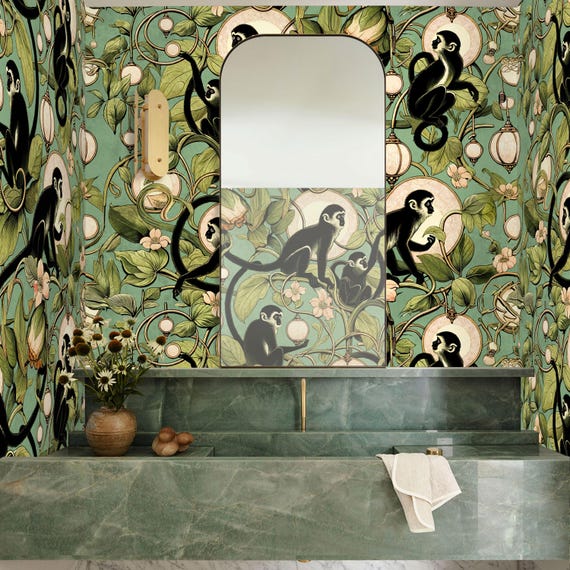 Playful Monkeys Wallpaper | Chinoiserie Jungle Pattern | Sage Green Botanical | Eco-Friendly Italian Handmade | Pre-Cut Sheets