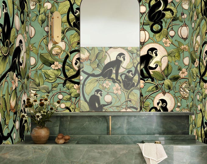 Playful Monkeys Wallpaper | Chinoiserie Jungle Pattern | Sage Green Botanical | Eco-Friendly Italian Handmade | Pre-Cut Sheets