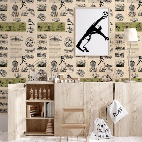 Vintage illustration Football Wallpaper for kids Room Decor, Hand Drawn Sports Themed Newsprint wall art